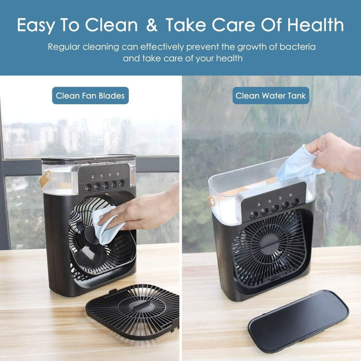 "Compact 3-in-1 portable air cooler humidifier, sleek design, adjustable fan speeds, ideal for small spaces, home or office u