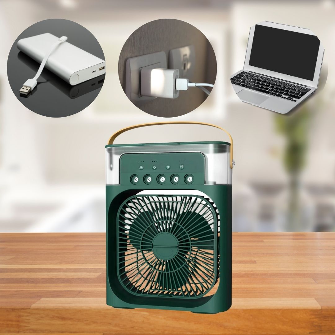 "Compact 3-in-1 portable air cooler humidifier, sleek design, adjustable fan speeds, ideal for small spaces, home or office u