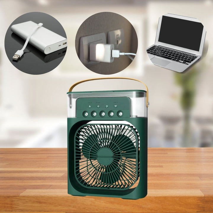 "Compact 3-in-1 portable air cooler humidifier, sleek design, adjustable fan speeds, ideal for small spaces, home or office u