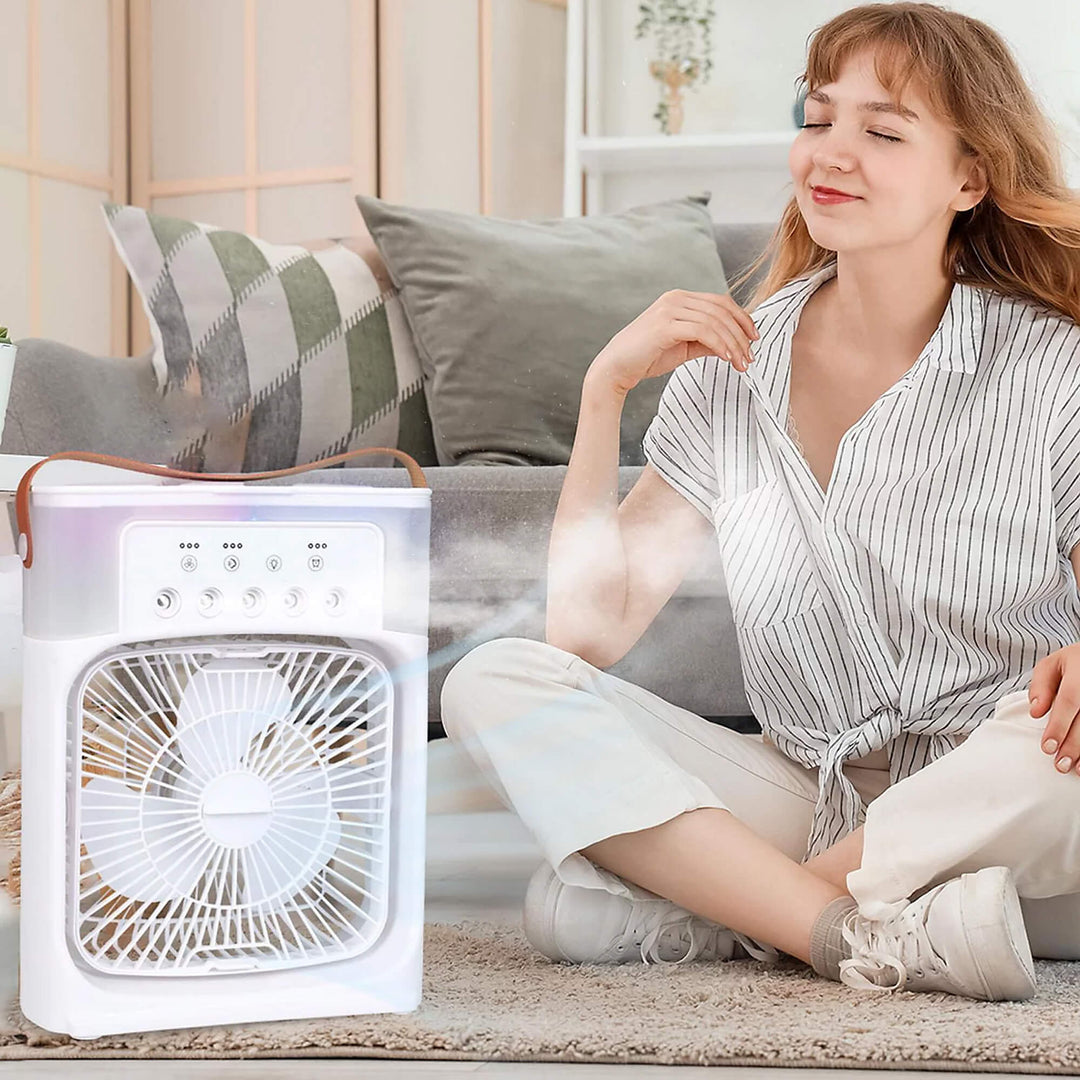 "Compact 3-in-1 portable air cooler humidifier, sleek design, adjustable fan speeds, ideal for small spaces, home or office u