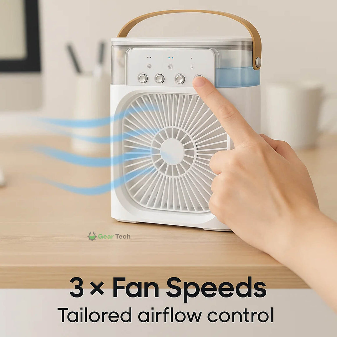 "Compact 3-in-1 portable air cooler humidifier, sleek design, adjustable fan speeds, ideal for small spaces, home or office u