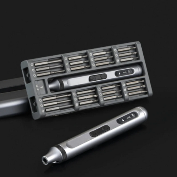 "Compact 50-in-1 electric screwdriver kit with sleek design, includes rechargeable screwdriver and various tool bits for easy