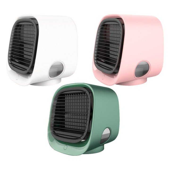 "Compact air cooler & humidifier for home or office, pink and white, desktop size with LED lighting and adjustable fan speeds