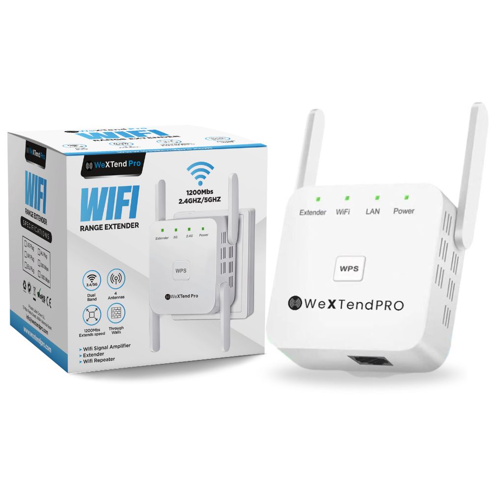 "Compact dual-band Wi-Fi extender with dual antennas, white casing, enhances home office connectivity, eliminates dead zones.