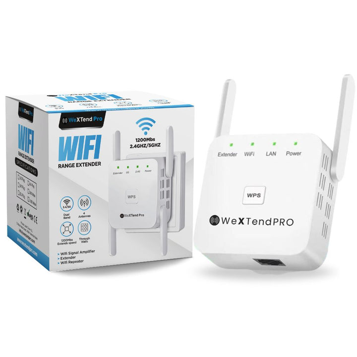 "Compact dual-band Wi-Fi extender with dual antennas, white casing, enhances home office connectivity, eliminates dead zones.