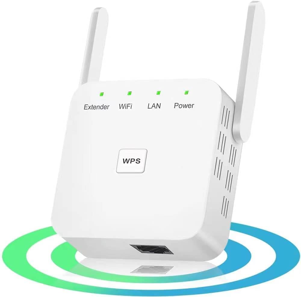 "Compact dual-band Wi-Fi extender with dual antennas, white casing, enhances home office connectivity, eliminates dead zones.