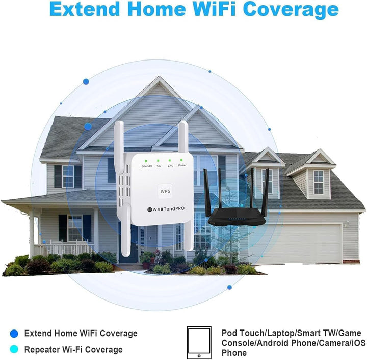 "Compact dual-band Wi-Fi extender with dual antennas, white casing, enhances home office connectivity, eliminates dead zones.