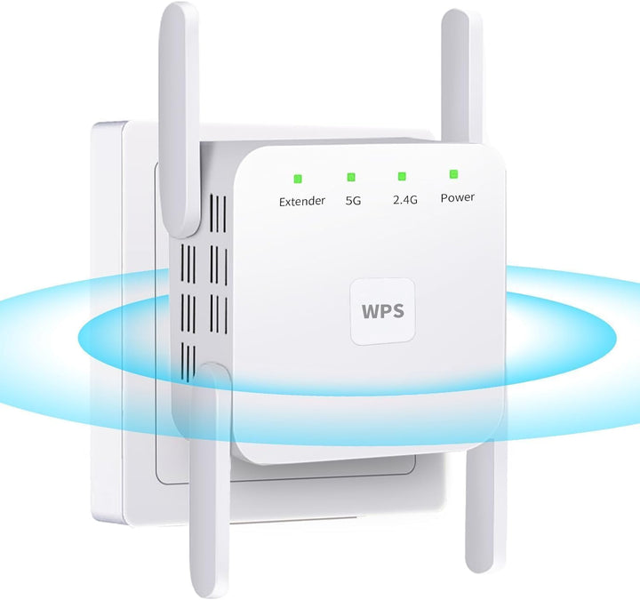 "Compact dual-band Wi-Fi extender with dual antennas, white casing, enhances home office connectivity, eliminates dead zones.