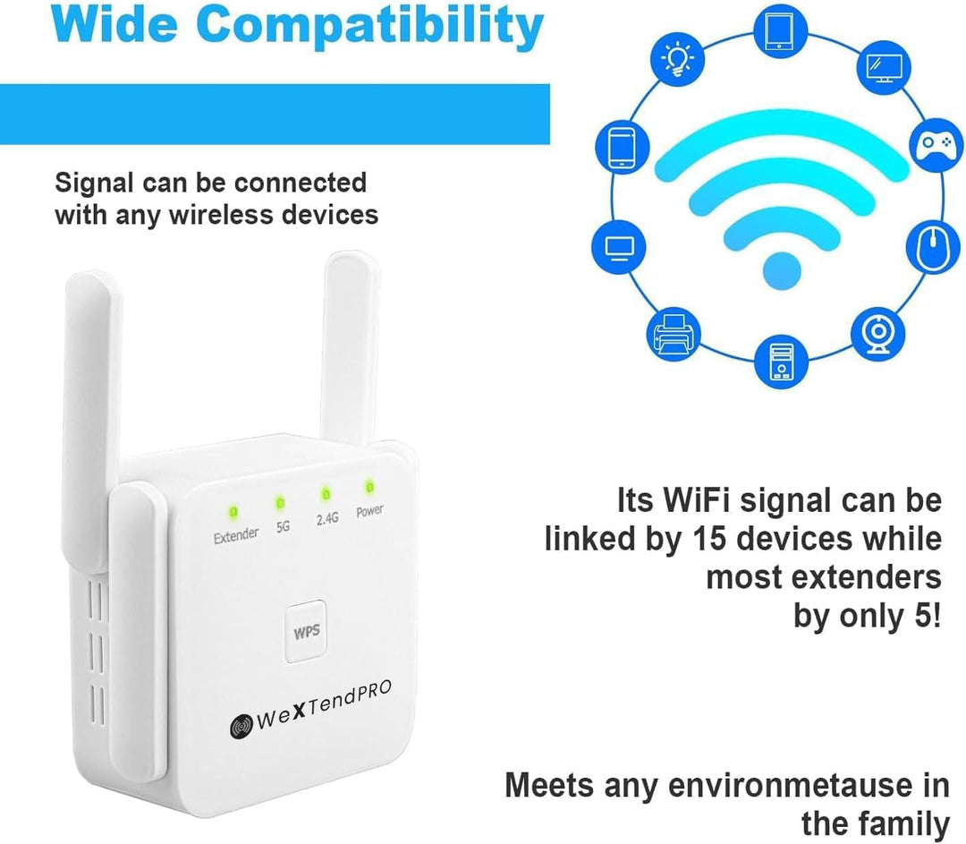 "Compact dual-band Wi-Fi extender with dual antennas, white casing, enhances home office connectivity, eliminates dead zones.