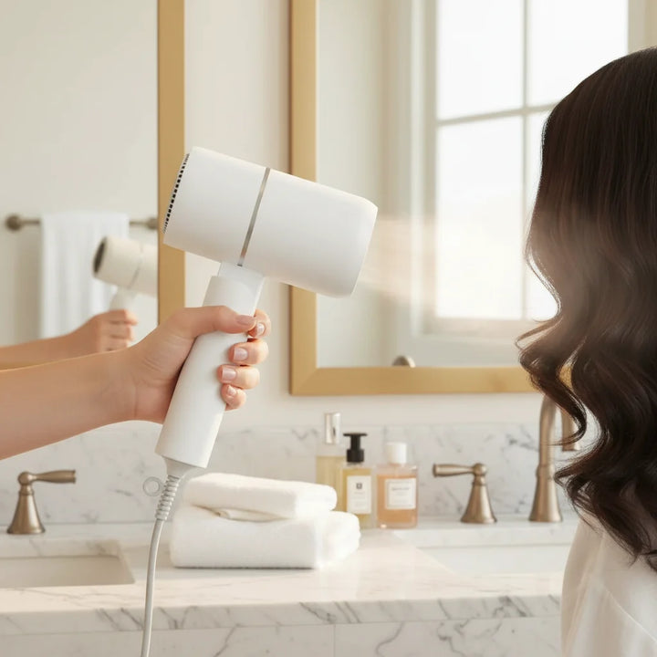 Compact, foldable ionic hair dryer for easy travel. Unisex design with frizz control for smooth, shiny hair.