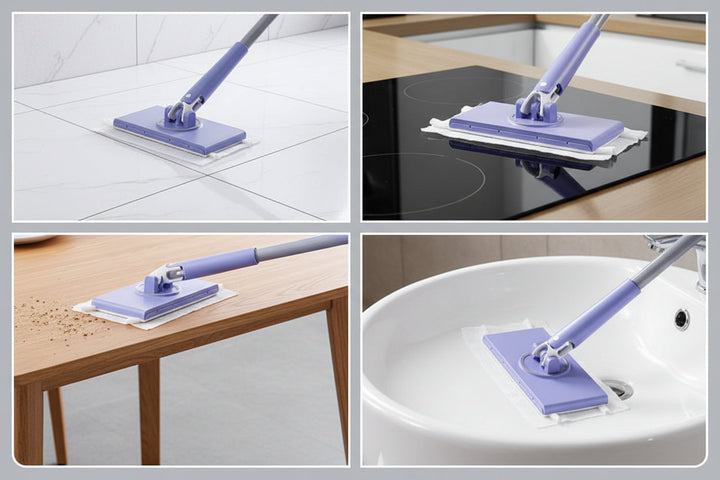 Close-up of the compact mini mop's absorbent head and 360° swivel joint, ready for hands-free cleaning.