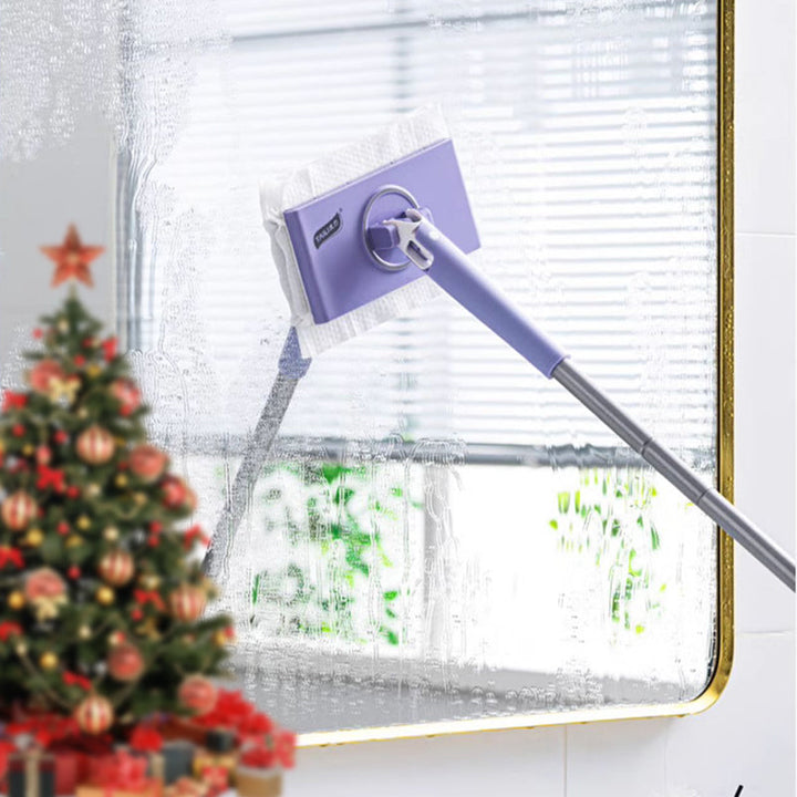 Hands-free compact mini mop cleaning under furniture, showcasing its 360° swivel for thorough home cleaning.