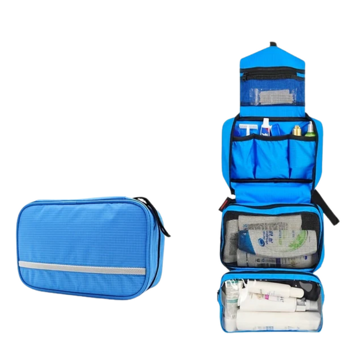 Unisex hanging toiletry bag on a shower hook, a smart compact travel organizer for all your bathroom essentials.