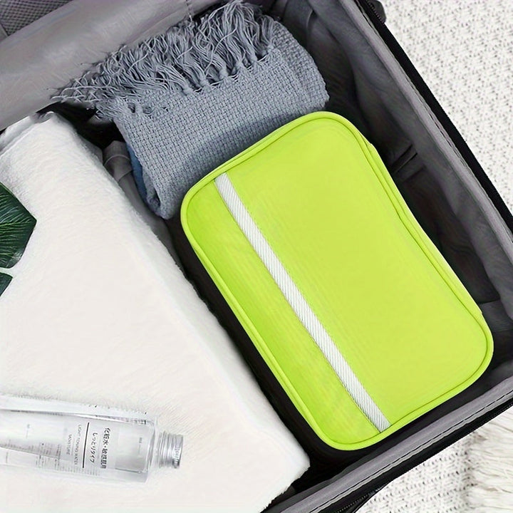 Open unisex hanging toiletry bag showing multiple compartments for efficient organization of travel items.