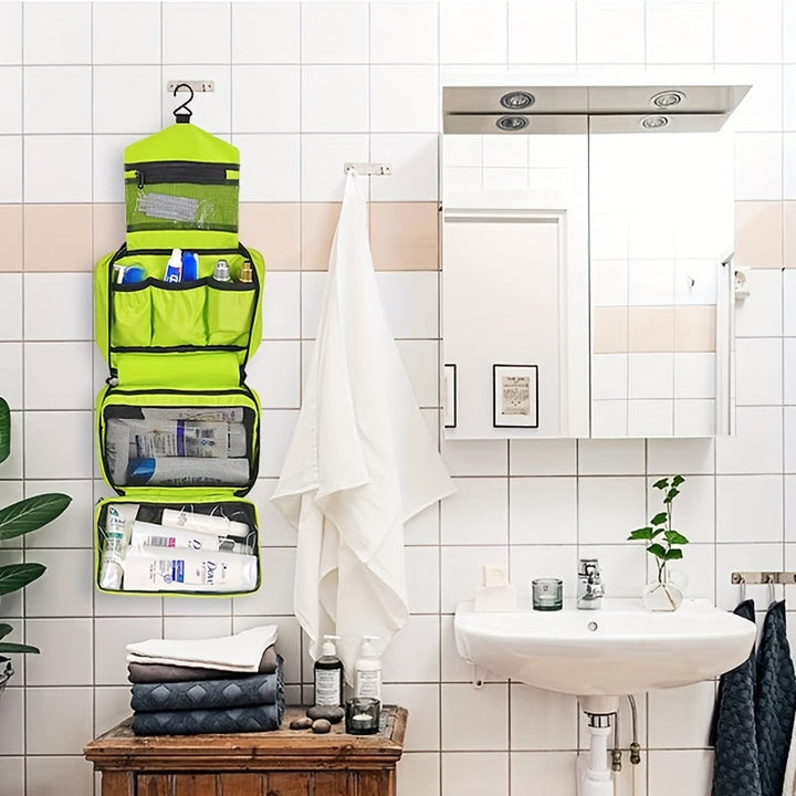 Portable hanging organizer for toiletries, a versatile unisex travel bag with ample space for bathroom essentials.