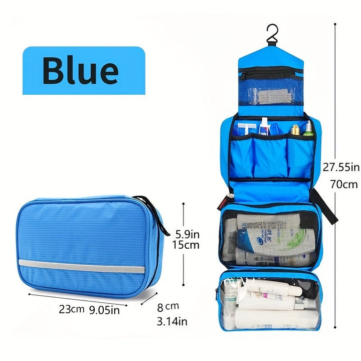 Unisex cosmetic bag packed with travel-sized items, demonstrating its efficiency as a hanging organizer.