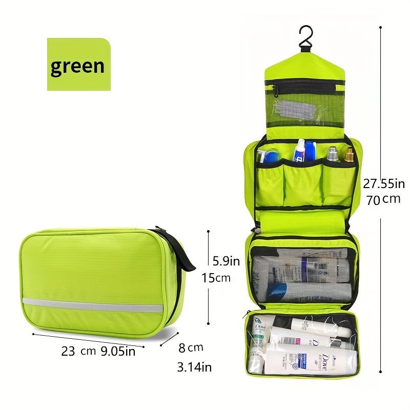 Flat lay view of a compact unisex travel bag, highlighting its design as a practical hanging toiletry organizer.