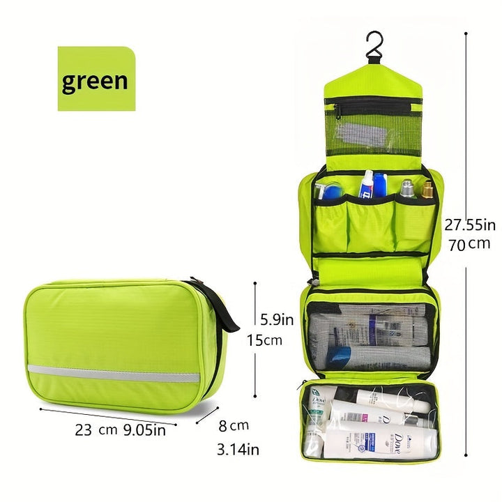 Flat lay view of a compact unisex travel bag, highlighting its design as a practical hanging toiletry organizer.