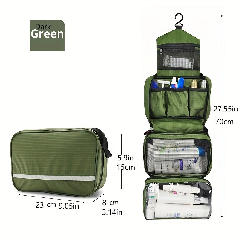 Close-up of the durable zippers and sturdy hook on a unisex hanging toiletry and makeup organizer travel bag.