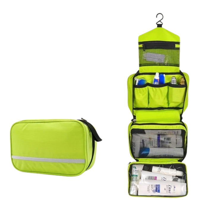 Water-resistant unisex toiletry bag, a reliable travel essential and portable hanging organizer for home or trips.