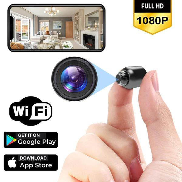 Full HD security camera, compact design, 160° wide angle, infrared night vision for clear surveillance.
