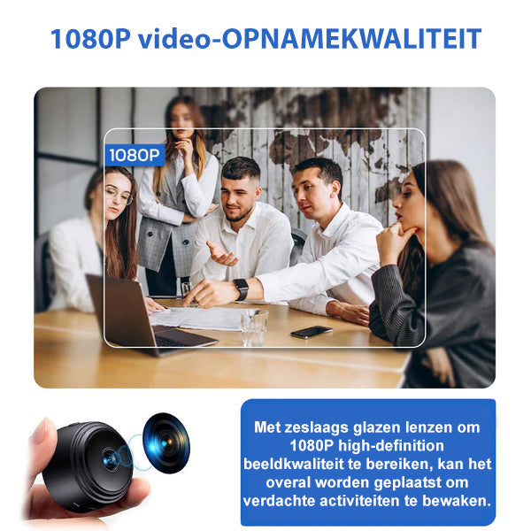 High-definition compact security camera with 160° wide view and clear night vision for home/office protection.