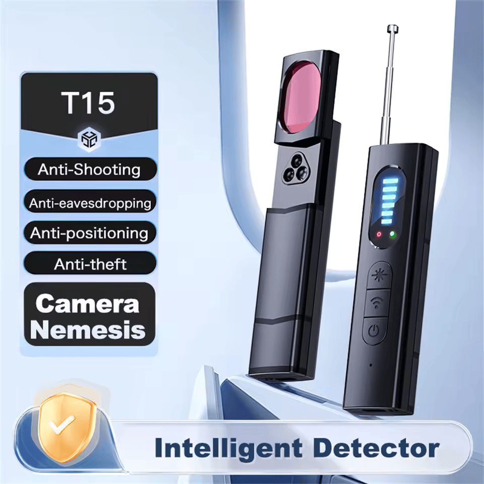 "Compact hidden camera detector with 4-in-1 functionality, sleek design, and RF, camera, GPS detection for privacy protection