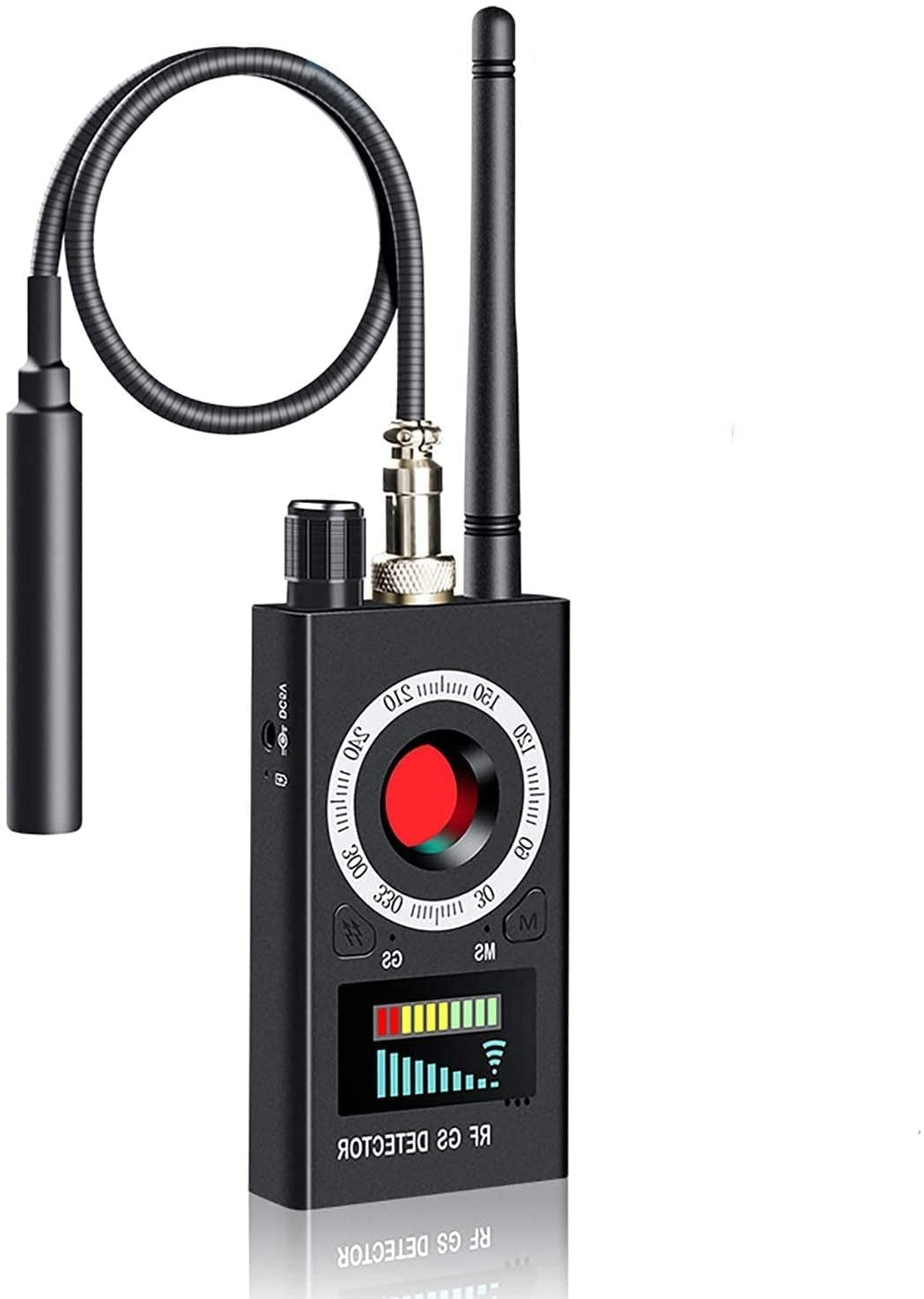 "Compact hidden camera detector with GPS/RF tracking, sleek design, portable, detects bugs and trackers, technology gadget."