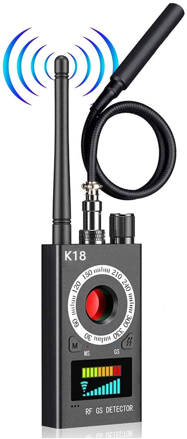"Compact hidden camera detector with GPS/RF tracking, sleek design, portable, detects bugs and trackers, technology gadget."