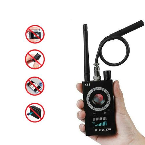 "Compact hidden camera detector with GPS/RF tracking, sleek design, portable, detects bugs and trackers, technology gadget."