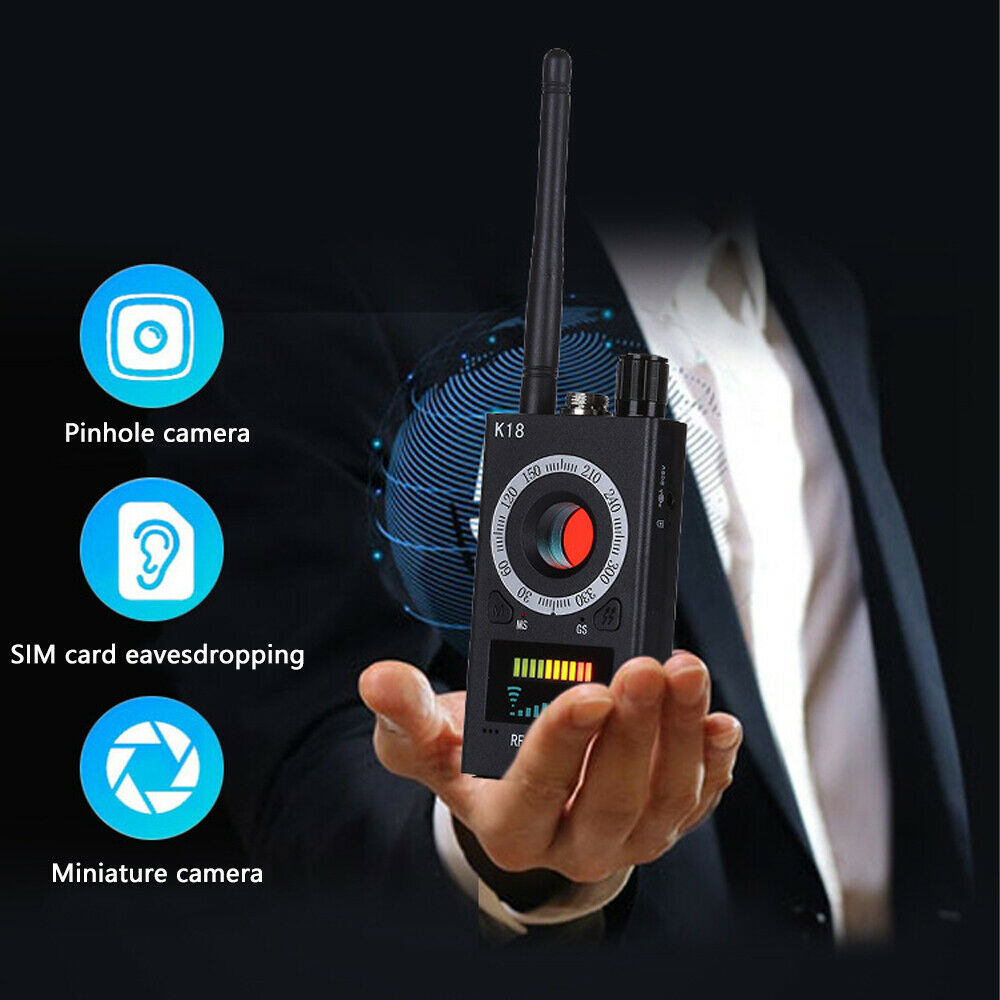 "Compact hidden camera detector with GPS/RF tracking, sleek design, portable, detects bugs and trackers, technology gadget."