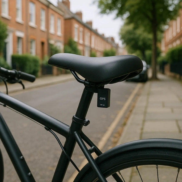 "Compact magnetic GPS tracker for bikes, discreet design, robust magnet, sleek and secure, no subscription needed."