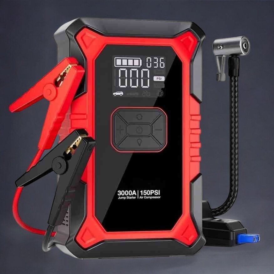 "Compact portable jump starter with built-in air compressor and USB ports, ideal roadside tool for cars and trucks."