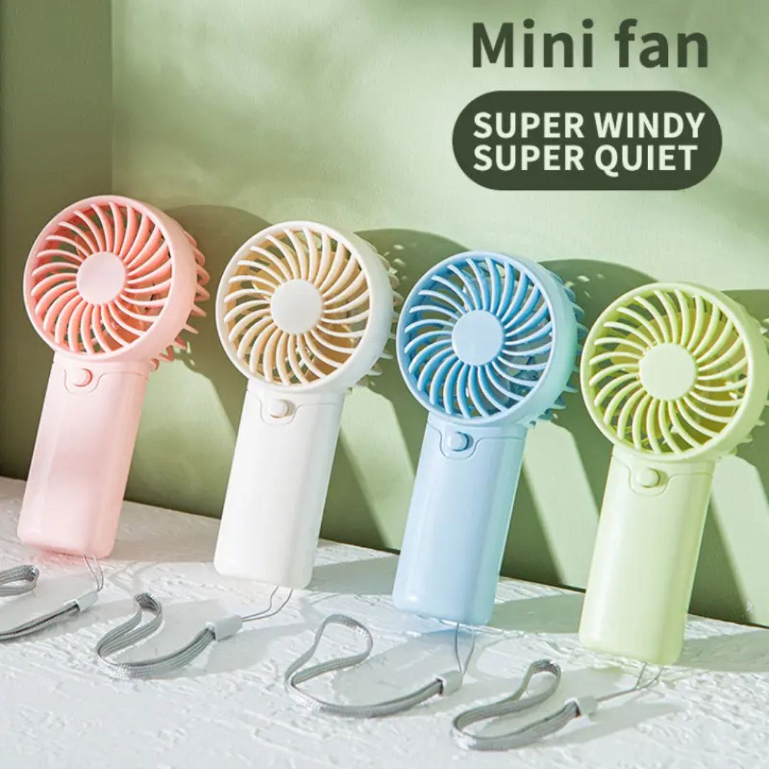 "Compact portable mini fan, sleek design in white, pocket-sized cooler for travel or office, beauty wellbeing essential."