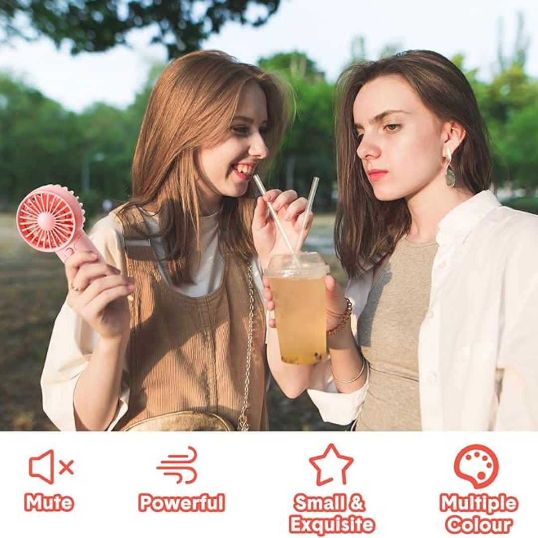 "Compact portable mini fan, sleek design in white, pocket-sized cooler for travel or office, beauty wellbeing essential."