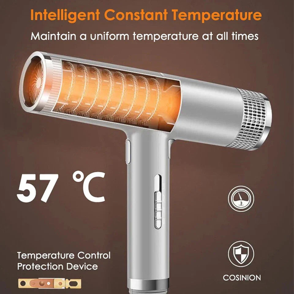 "Compact professional ionic hair dryer with sleek design, diffuser, and concentrator nozzle for salon-quality styling."