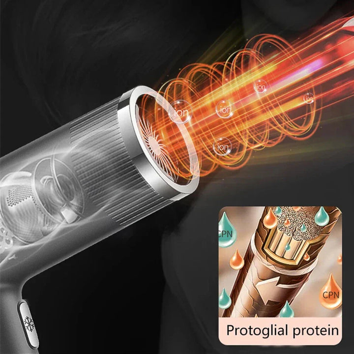 "Compact professional ionic hair dryer with sleek design, diffuser, and concentrator nozzle for salon-quality styling."