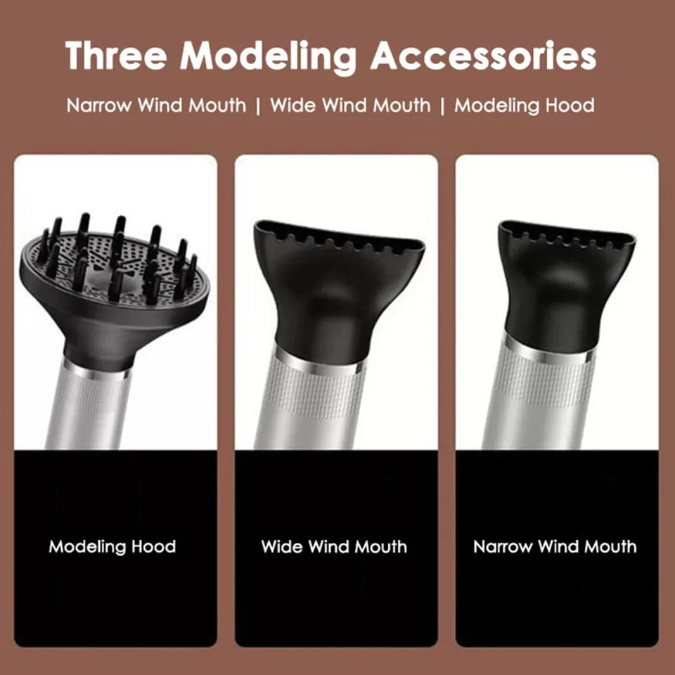 "Compact professional ionic hair dryer with sleek design, diffuser, and concentrator nozzle for salon-quality styling."