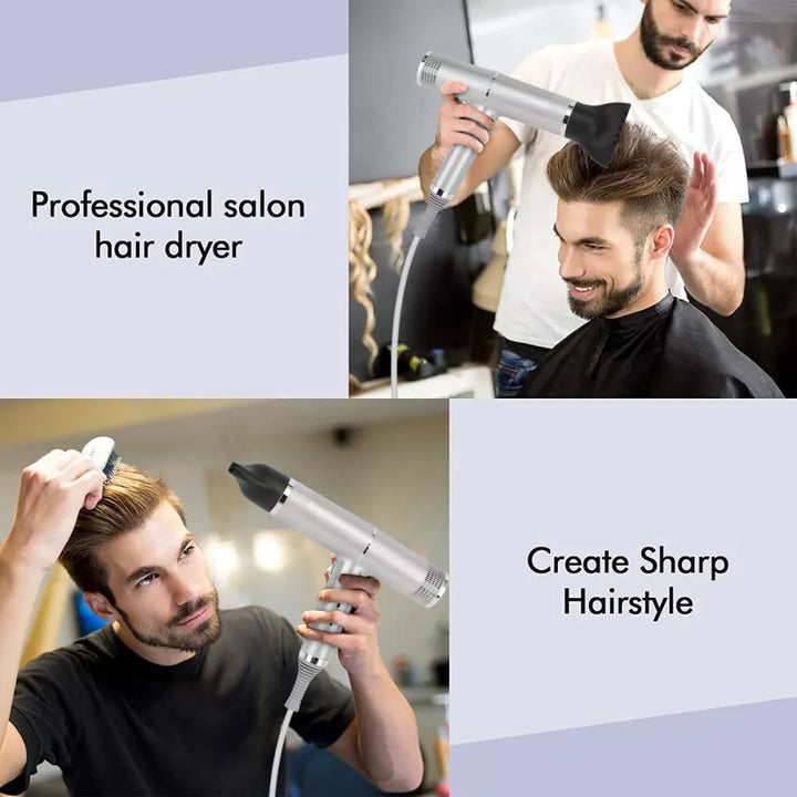 "Compact professional ionic hair dryer with sleek design, diffuser, and concentrator nozzle for salon-quality styling."
