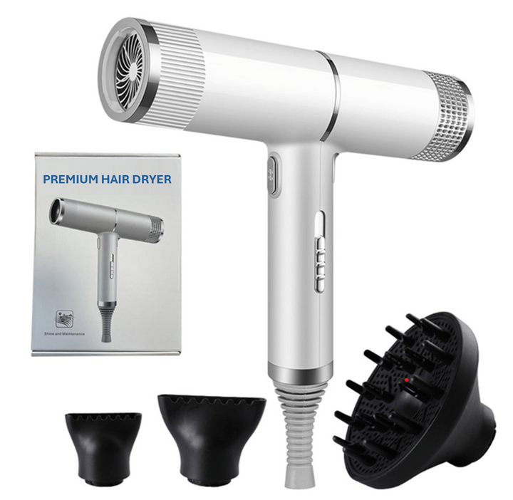 "Compact professional ionic hair dryer with sleek design, diffuser, and concentrator nozzle for salon-quality styling."