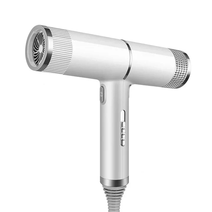 "Compact professional ionic hair dryer with sleek design, diffuser, and concentrator nozzle for salon-quality styling."