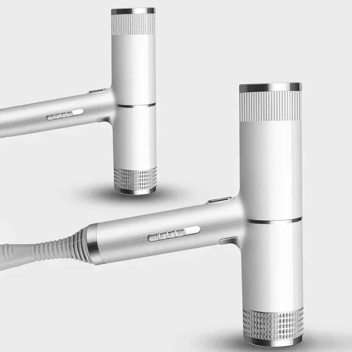 "Compact professional ionic hair dryer with sleek design, diffuser, and concentrator nozzle for salon-quality styling."