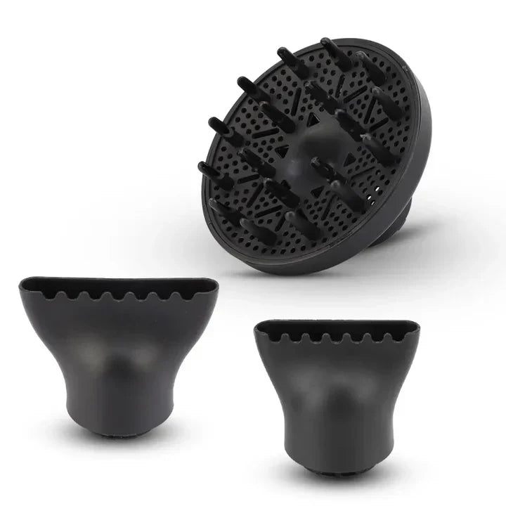 "Compact professional ionic hair dryer with sleek design, diffuser, and concentrator nozzle for salon-quality styling."