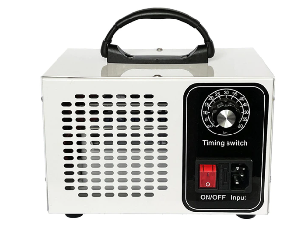 "Compact silver and white ozone generator for home air purification; eliminates odours, mould, and airborne particles."