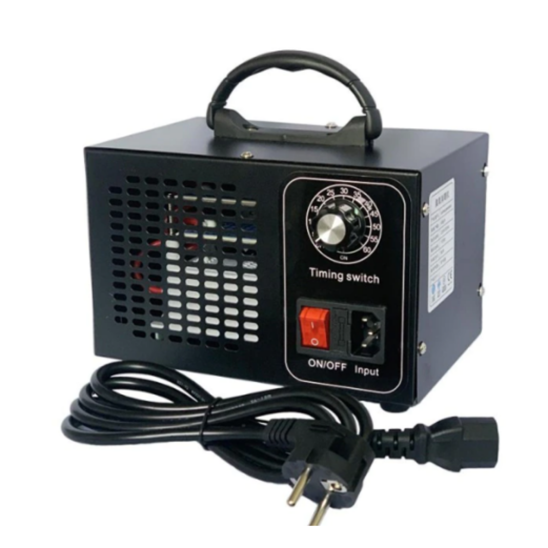 "Compact silver and white ozone generator for home air purification; eliminates odours, mould, and airborne particles."