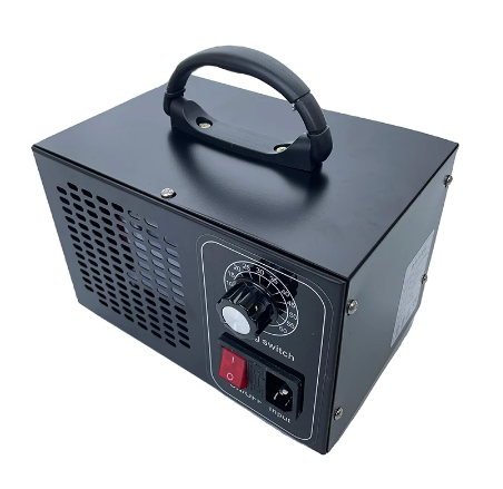 "Compact silver and white ozone generator for home air purification; eliminates odours, mould, and airborne particles."