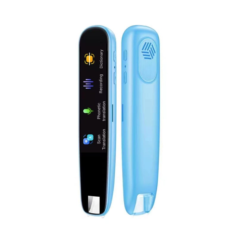 "Compact translation reading pen showing text and speech functions, supports 112 languages, ideal for students and travelers.