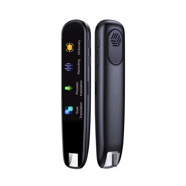 "Compact translation reading pen showing text and speech functions, supports 112 languages, ideal for students and travelers.