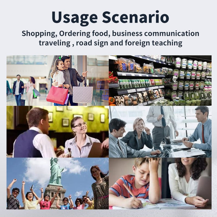 "Compact translation reading pen showing text and speech functions, supports 112 languages, ideal for students and travelers.