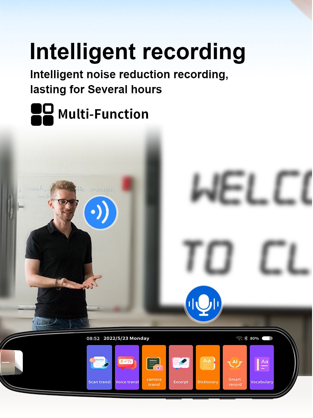 "Compact translation reading pen showing text and speech functions, supports 112 languages, ideal for students and travelers.